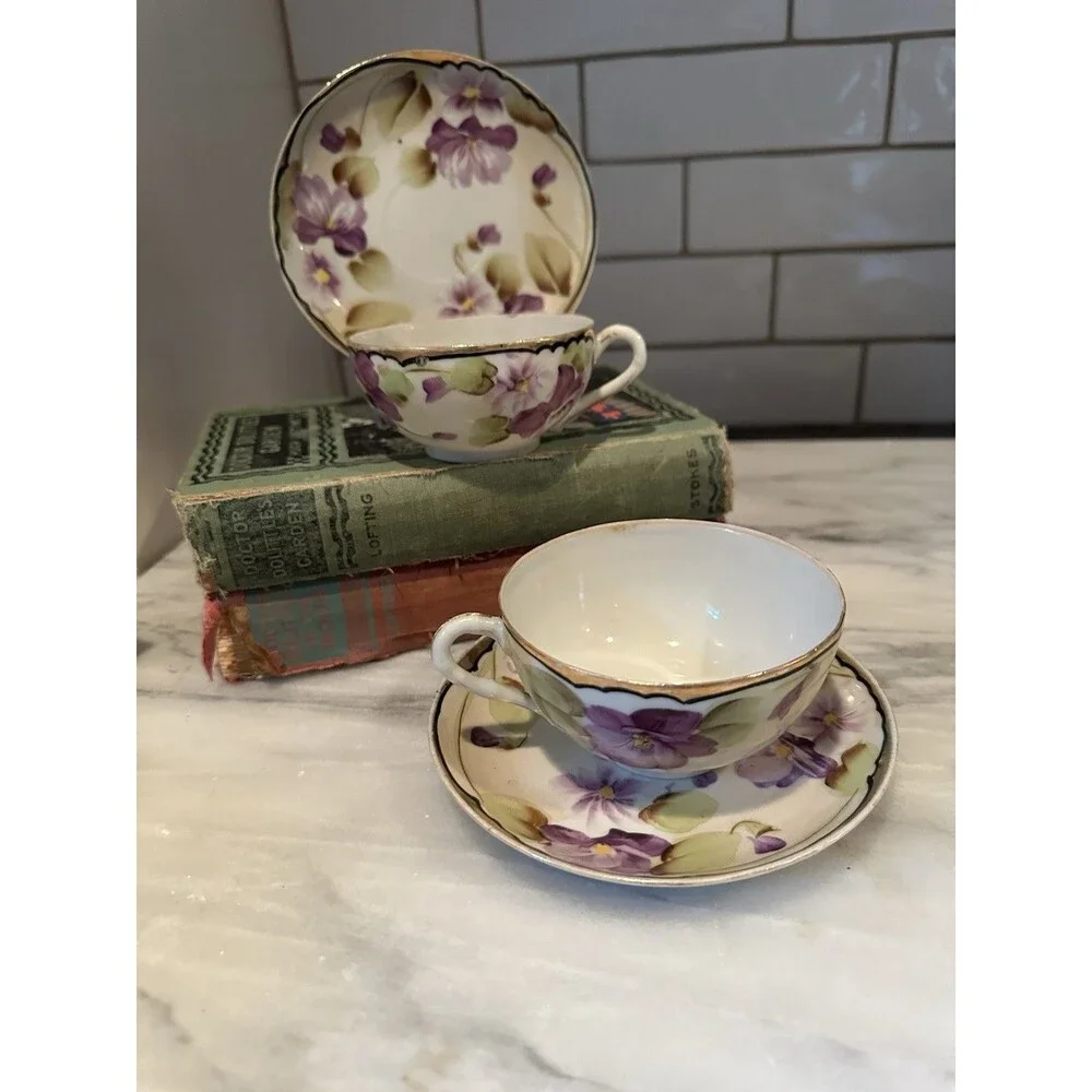 Vtg Nippon Porcelain 2 Tea Cups & Saucer Set Purple Violet Floral with Gold Trim
